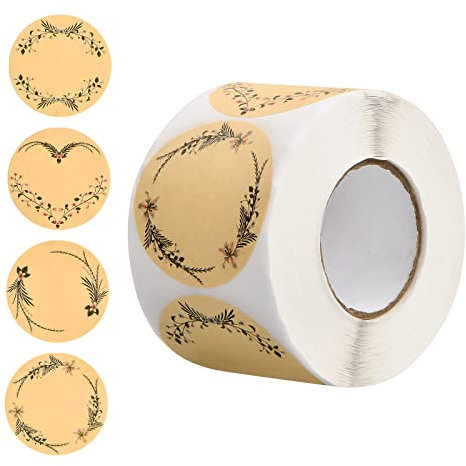 500 Stück Etiketten Selbstklebend, 5cm Kraftpapier Aufkleber, Rund Geschenksticker, Blumen Klebeetiketten zum Beschriften, Handgemachte Aufkleber Label für Geschenktüten Hochzeit Backen (A)