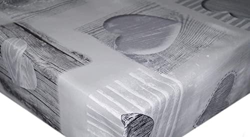 Plain Wooden Grey Hearts PVC Tablecloth White Grey Wood Effect Patchwork Love Hearts PVC Plastic Vinyl Oilcloth Wipe Clean Party Table Cloth Protector (120cm x 140cm Rectangle 47 x 54 inches)