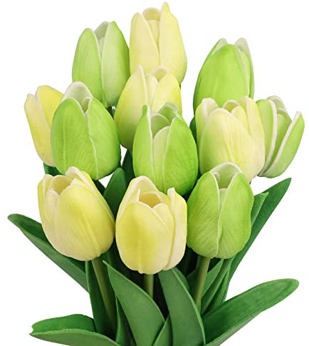 N&T NIETING Künstliche Tulpens, 12 Stück Realistischem Touch Tulpen Blumen, Gefälschte Blumen Tulpen Blumensträuße für Hochzeitsstrauß Party Valentinstag Geburtstag Muttertag Home Deko, Gelb und Grün