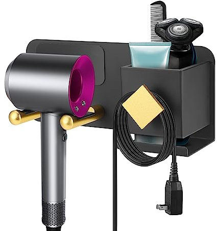 Hair Dryer Holder Wall Mount, Blow Dryer Holder Stand Self Adhesive Hair Tool Holder Hair Styling Care Tool Organizer for Bathroom Countertop Space Saving (Black&Golden)
