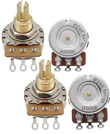 FLEOR Long Brass Shaft Control Pots A500K+B500K Potentiometers Set 24 Spline Split Shaft D3/8 for Electric Guitar Control Volume Tone (Set of 2A2B)