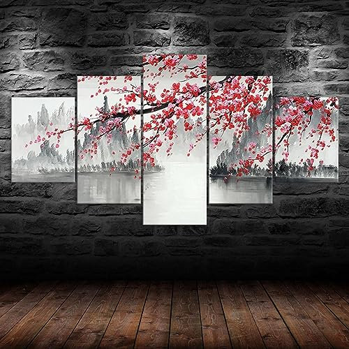 WAGYU 5 morceaux de toile art,5 pieces impression encadree tableaux,5 pieces peinture sur toile,impression sur toile 5 parties Paysage de Sakura chinois décoration murale salon moderne xxl 150x80cm