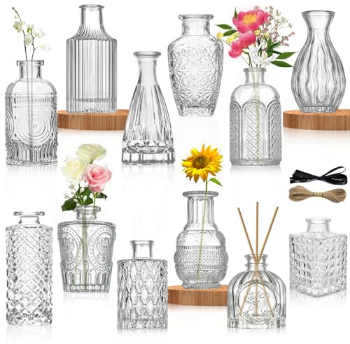 TAVADA Jarrones Pequeños de Cristal, 12 Mini Jarrones, Decorativos Vintage, Centros de Mesa para Flores, Decoración del Hogar, Salón y Boda
