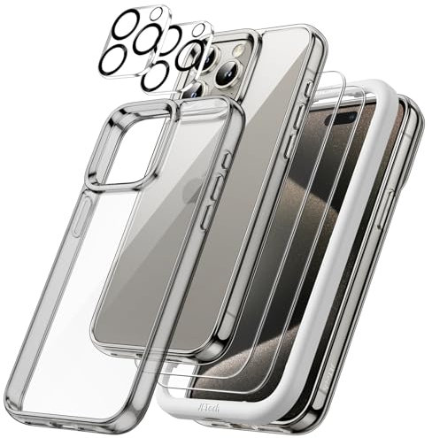 JETech 5 in 1 Case for iPhone 15 Pro 6.1-Inch with 2-Pack Each Tempered Glass Screen Protector and Camera Lens Protector, Non-Yellowing Shockproof Bumper Phone Cover (Natural Titanium)