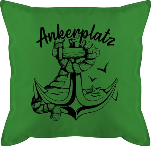 Kissen 50x50 - Statement - Ankerplatz mit Anker und Papierboot - 50 x 50 cm - Grün - strandkorbkissen statement-kissen statements maritim zierkissen nautical pillow maritime kissenbezüge 50×50