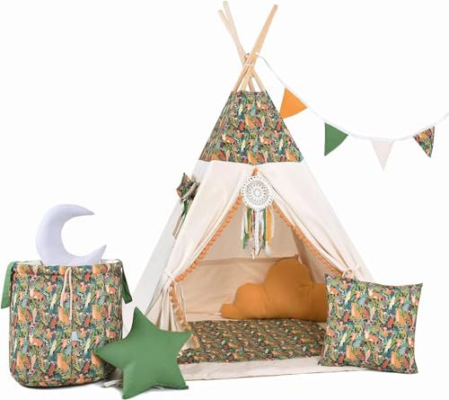Kinder Teepee Tipi Set für Kinder Spielzeug drinnen draußen Spielzelt Zelt 8 Elemente dabei Tipi-Set Indianer Indianertipi mit Fenster usw. (mit Zubehör Dschungel)