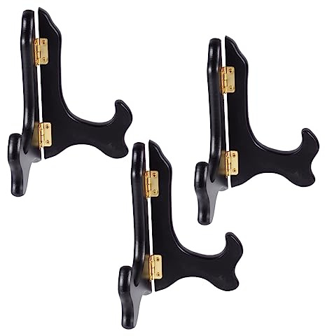 Amosfun Wooden Plate Holder 5-inch Folding Display Stand Black Wood Easel Household Storage Rack for Dinner Plates Tabletop Art Display 3pcs Set