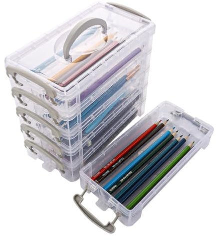 MUXHEL 6 Tier Plastic Pencil Box Clear Pen Storage Organiser with Lid Stackable Portable Pencil Storage Box with Handle for Office Home & School-21.5x10x20.5cm