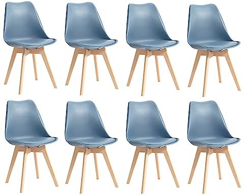 DEYARNA HOME Lot de 8 Chaises de Salle à Manger Modernes, Chaises Rembourrées Confortables pour la Salle à Manger, Chaises de Cuisine Scandinaves avec Pieds en Bois de Hêtre (Bleu Foncé)