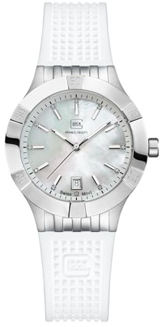 GLOCK Damen Quarz Uhr | 36mm Gehäuse | Armbanduhr mit Silbernem Edelstahlgehäuse | Perlmutt Zifferblatt | Weißem Silikonarmband | 10ATM | GW-32-1-20