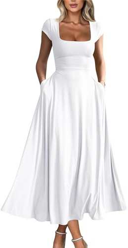 YMDUCH Women's Casual Short Sleeve Square Neck Solid Slim Flowy Maxi Dress with Pockets White