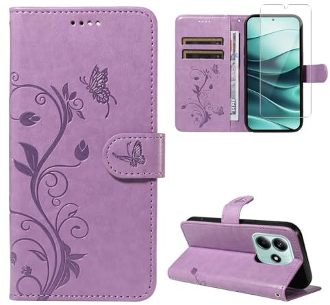 crisant Funda Compatible con Xiaomi Redmi Note 14 5G (No para 4G), con 1 Pieza Vidrio Templado Protector de Pantalla, Cuero PU y Libro Movil Carcasa, Función de Soporte y Billetera Caso - Morado