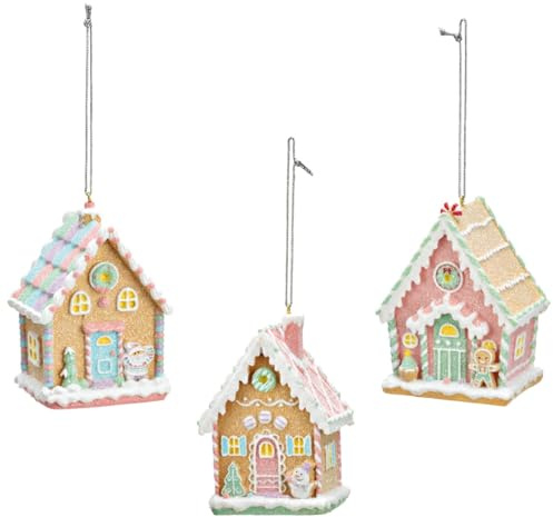 Dekohänger Lebkuchenhaus aus Poly mint rosa 3er-Set - Süßer Weihnachtsbaumschmuck & Christbaumschmuck für Fensterdeko, Innen & Außen - Hängende Fensterdekoration 6 x 10 cm als Winter und Adventsdeko