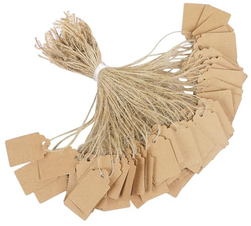 Uniclife 200 Piezas Etiquetas de Precio con Cuerda, Etiquetas de Papel Kraft Marrón Escritura, Colgantes con Cordel de Yute para Ropa Joyería o Productos, Medidas 3,5 x 2,2 cm