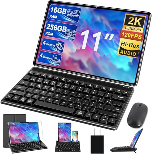 GOODTEL 2025 Tablette Tactile 16GB RAM+256GB ROM+TF 1TB, 11 Pouces Android, 2K Écran 2000 * 1200, Octa-Core, 8600mAh, GPS, WiFi 5G, Bluetooth 5.0, 13MP+5MP, Corps en Métal, avec Cas, Noir Profond