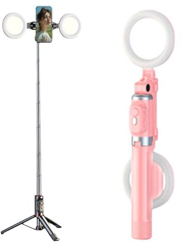 Selfie Stick Tripod with Fill Light, Phone Selfie Stick, Extendable Phone Tripod Stand Selfie Stick Travel Tripod, Stable Three-Legged Support for Live Broadcasts, Video Shooting (Pink)