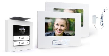 m-e Vistadoor Vistus Video-Türsprechanlage | Aluminium Außenstation für 2-Familienhaus | 2x Innenstation | Türklingel mit Kamera | 4-Draht Freisprechanlage Video Sprechanlage