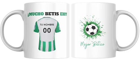Taza de Fútbol Personalizada con Camiseta de Tu Equipo con Nombre y Número – Regalo para Aficionados al Fútbol – Cerámica de Alta Calidad, Apta para Microondas y Lavavajillas (06 Betis)