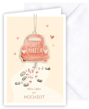 KE - Hochzeitskarte Just Married in Weiß mit Folienveredelung und Holzteil an Juteband