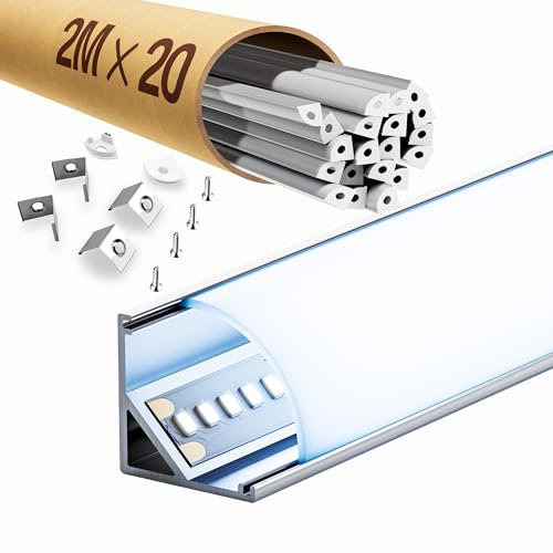 ClarivantiLED LED-Eckprofil 45°, LED Profil Schiene 2m, für 10mm Streifen, Kanal mit milchig-weißem Diffusor, Größe 15×15mm (SP30, 20 Stücke)