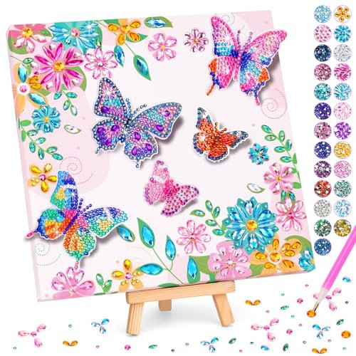 Diamond Painting Kinder: Geschenke für Mädchen 7 8 9 10 11 Jahre, Basteln Mädchen 6-12 Jahre Diamant Schmetterlings mit Holzrahmen Kreative Spielzeug ab 5 Jahre Kindergeburtstag Zimmerdekoration