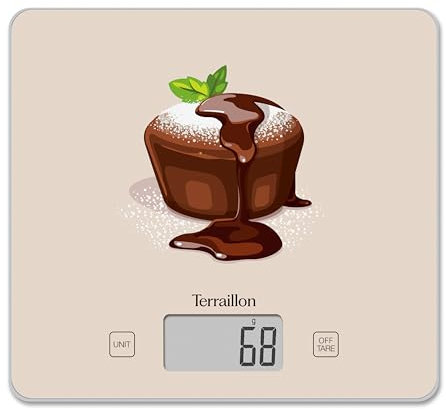 TERRAILLON - T1040 FONDANT CHOCOLAT- Balance de cusine électronique, Plateau verre, Capacité 3 kg, Graduation 1g, Tare, Conversions Liquides, Ultra-Fine et compacte - Ecran LCD - Fondant Chocolat