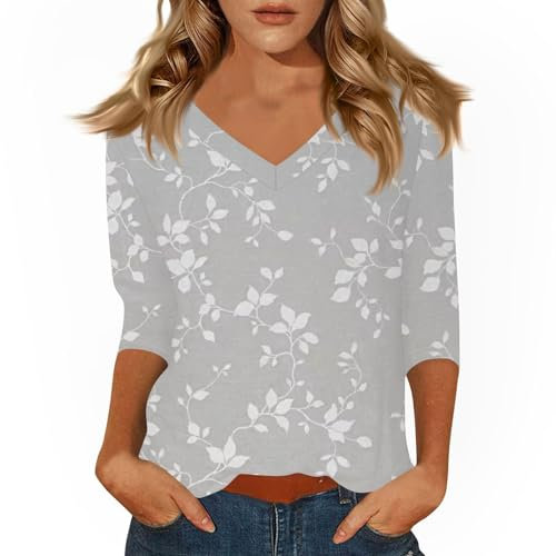 T Shirts Damen,Damen Oberteile Sommer,3/4 Arm V-Ausschnitt T-Shirt,Basic Mode Leger Slim Fit Oberteile,Sommer Dreiviertelarm Tops,01-Hellgrau,M