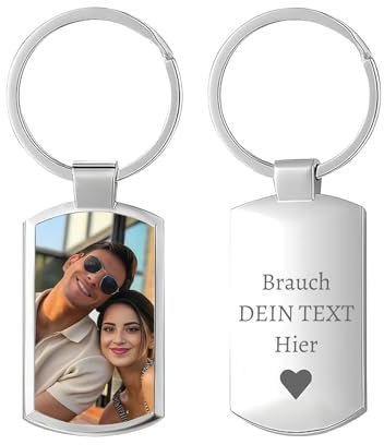KBPTM Personalisierter Schlüsselanhänger mit Foto Personalisiert Edelstahl Schlüsselanhänger Bild Individuelles Fotogeschenk für Männer Frauen (Silber - Rechteckig)