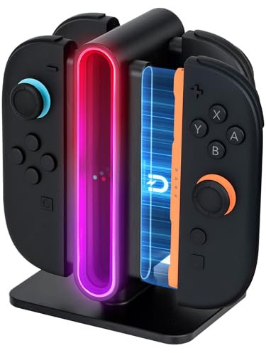Mcbazel Station de Charge 4-en-1 pour JoyCon Switch 2 Poignée avec Effets RGB, Fixation Magnétique et Protection Sécurisée pour Manettes Switch 2 – Noir