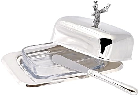 EDZARD Butterdose Hirsch (13 x 18 cm, H 8 cm) Silberglanz-Finish | hochglanzpoliert, mit Glasschale, inklusive Buttermesser, für 250 Gramm Butter, Servierschale, Tischdeko, Brunch, Käseplatte