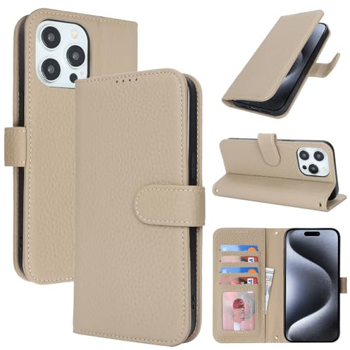 Zouzt Leather Wallet Case for iPhone 15 Pro, 4 Card Slot, Gray | Genuine Leather, Card Holder, Shockproof TPU Shell, Magnetic Closure, Protective Flip Folio Phone Cover, For Women Men