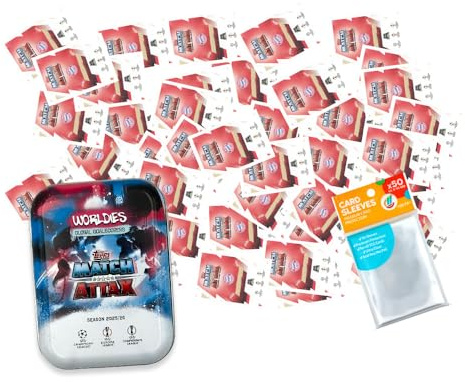 Bundle mit Topps - Match Attax Champions League 2025/26 - Trading Cards - 50 Verschiedene Karten + 1 Leere Tin Box + Exklusive Collect-it Hüllen