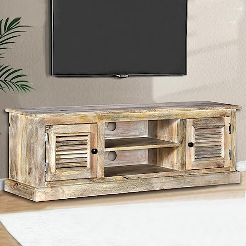 IBUQDDV TV-Schrank Massivholz Mango Vintage Stil mit 2 Vitrinen und 2 Regalen für optimale Organisation, rustikaler Beistellschrank als Sideboard oder Lowboard, fertig montiert