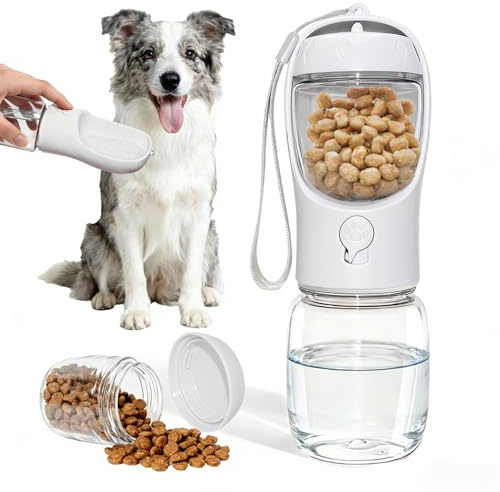 Liphier Bottiglia per cani portatile 2 in 1 per Viaggio(Bianco, 350ml) | con contenitore per mangime da 100 g, doppio design anti-perdite, privo di BPA, facile da usare, vari colori