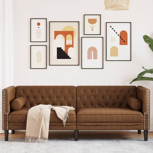 QUAHEAS Chesterfield-Sofa 3-Sitzer, Braun Kunstleder in Wildleder-Optik, Robustes Mikrofaser-Design, inklusive Nackenkissen, für Wohnzimmer und Büro