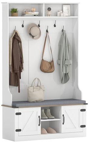 COSTWAY Coat Rack with Shoe Storage, 174cm Freestanding Hall Tree Coat Stand with Cushioned Bench, 7 Hooks, Open Shelves, 2 Cabinets & Adjustable Shelves, Entryway Hallway Clothes Hanger Organiser