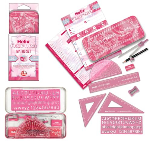 Oxford Helix Maths Set Pink Marble Edition 9 Piece Geometry Set with Ruler, Compass, Protractor, Pencil & Eraser for School, Exams & Students