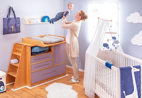 BioKinder Wickelkommode Babykommode Kommode Lina mit 3 Schubladen und Tür aus zertifizierten Bio-Massivholz Erle und Kiefer Flieder lasiert 110 x 90 x 55 cm