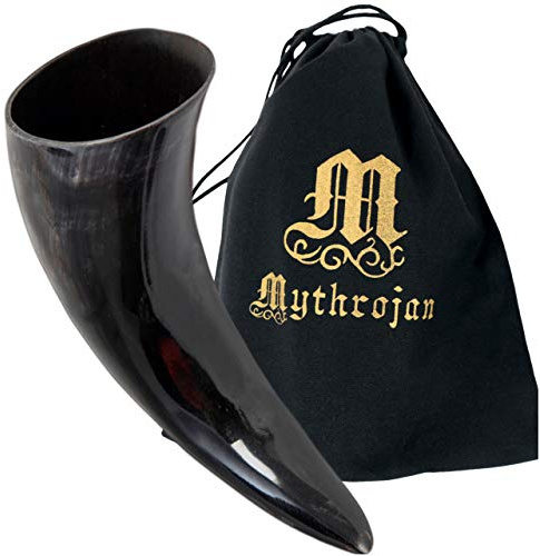 Mythrojan Cuerno vikingo para beber de 1000 ml, cuerno real para cerveza, vino, jarra nórdica, grado alimenticio, cuerno auténtico, estilo vikingo, regalo para hombres y mujeres