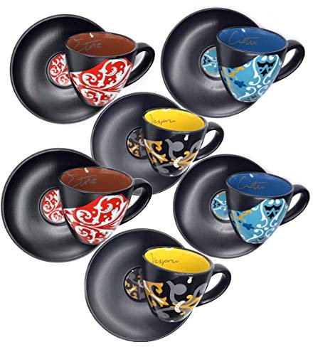 Subbizzu® Eccellenze 6 Tazzine Caffe Particolari da Caltagirone Sicilia Ceramica Colorate Servizio con 6 Piattini Design Siciliano Espresso Regalo Vintage Coffee Cup Moka 85 Millilitri