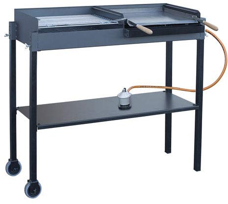 Barbacoa de Gas y Carbón Portátil con Plancha de Acero Inoxidable y Parrilla con Cincado Homologado | Asador de Doble Altura para Exterior 1145x980x485 mms | Incluye Paellero, Regulador y Manguera.