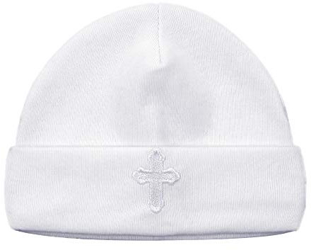 LACOFIA Neugeborene Jungen Mädchen Taufe Hut Unisex Baby Baumwolle Beanie Mütze mit Stickerei Weiß 0-3 Monate