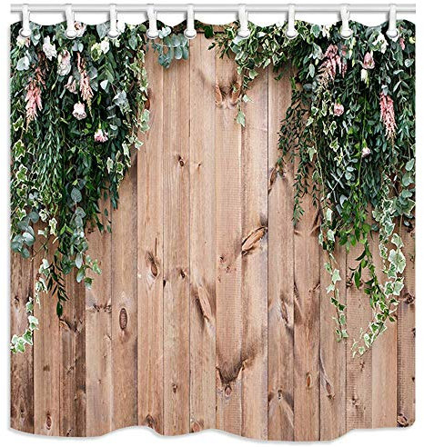 JOOCAR Bathroom Decorative, Wooden Fence Fresh Spring Greens Flowers and Leaf Plant on Wood Board, Waterproof Polyester Fabric Shower Curtain with 12 Hooks Siza: 72x72 Inch
