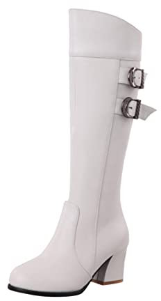 Stivali Donna Fiocco Zip Laterale Rotondo Ginocchio Tacco Quadrato Nudo Stivaletti Casual a Tubo Lungo (39,Bianca)