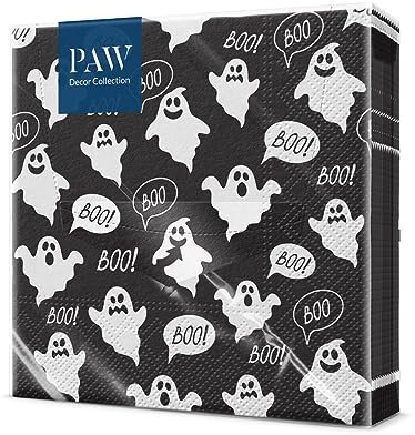 PAW - Serviette en Papier Halloween (33 x 33 cm) I Lot de 20 I Serviette Papier 3 Plis I Serviette Halloween Table - Automne, Halloween, Fantôme, Citrouille I Motif: Boo black