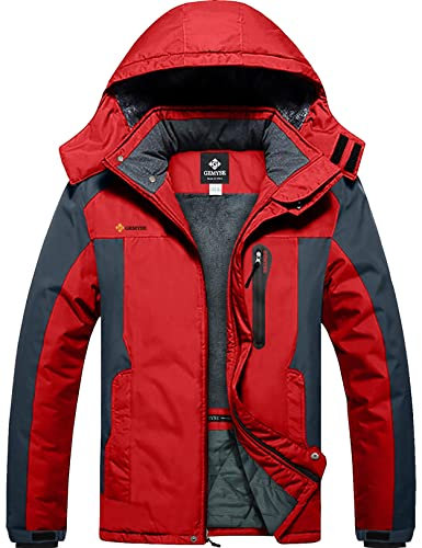 GEMYSE Herren Skijacke Winddicht Wasserdicht Warmes Fleecefutter Winterjacke mit Kapuze für Outdoor(Rot Grau,XL)