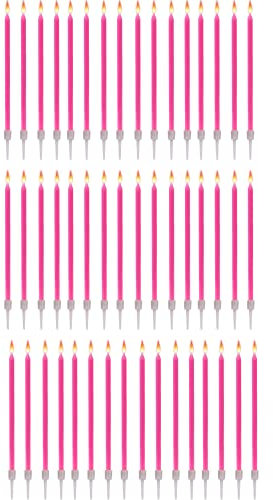 48 Geburtstagskerzen Lange Dünne mit Haltern - Größe 12 cm x 0,5 cm - Farbe Rosa Fuchsia