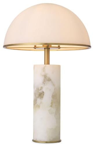 Casa Padrino Luxus Tischleuchte Alabaster/Antik Messingfarben/Weiß Ø 39,5 x H. 65 cm - Moderne Alabaster Schreibtschleuchte mit Glas Lampenschirm - Luxus Kollektion