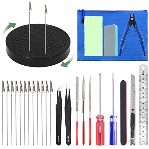 Keadic 26Pcs Gundam Modeler Basic Tools with Rotation Painting Stand Base Holder and Alligator Clip Sticks Gundam Model Paint Kit for Model Car Building Repairing