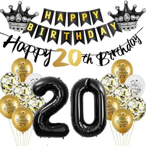 Luftballon 20.Geburtstag deko Mann Frau gold Schwarz Folienballon 20 jahre Geburtstag Mann dekoration Schwarz Happy 20th Birthday Girlande Geburtstagsdeko 20 deko geburtstag 20 jahre Mann Frauen